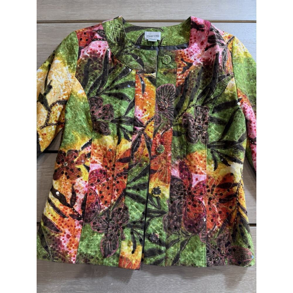 Chico's "Donya" Shimmering Flora Jacket Size 0 Blazer Coastal‎ Grandma Boho Chic
